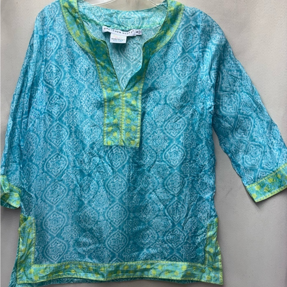 Gretchen Scott  100% Silk Light Blue V-Neck Tunic Top Size Small
